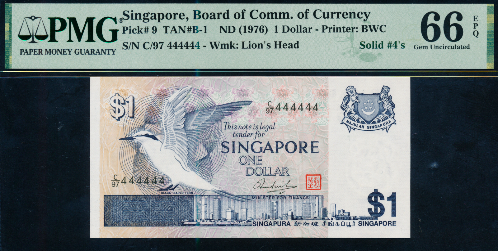 Singapore Bird 1976 $1 Solid Numbers C/97 444444 PMG 66EPQ 
